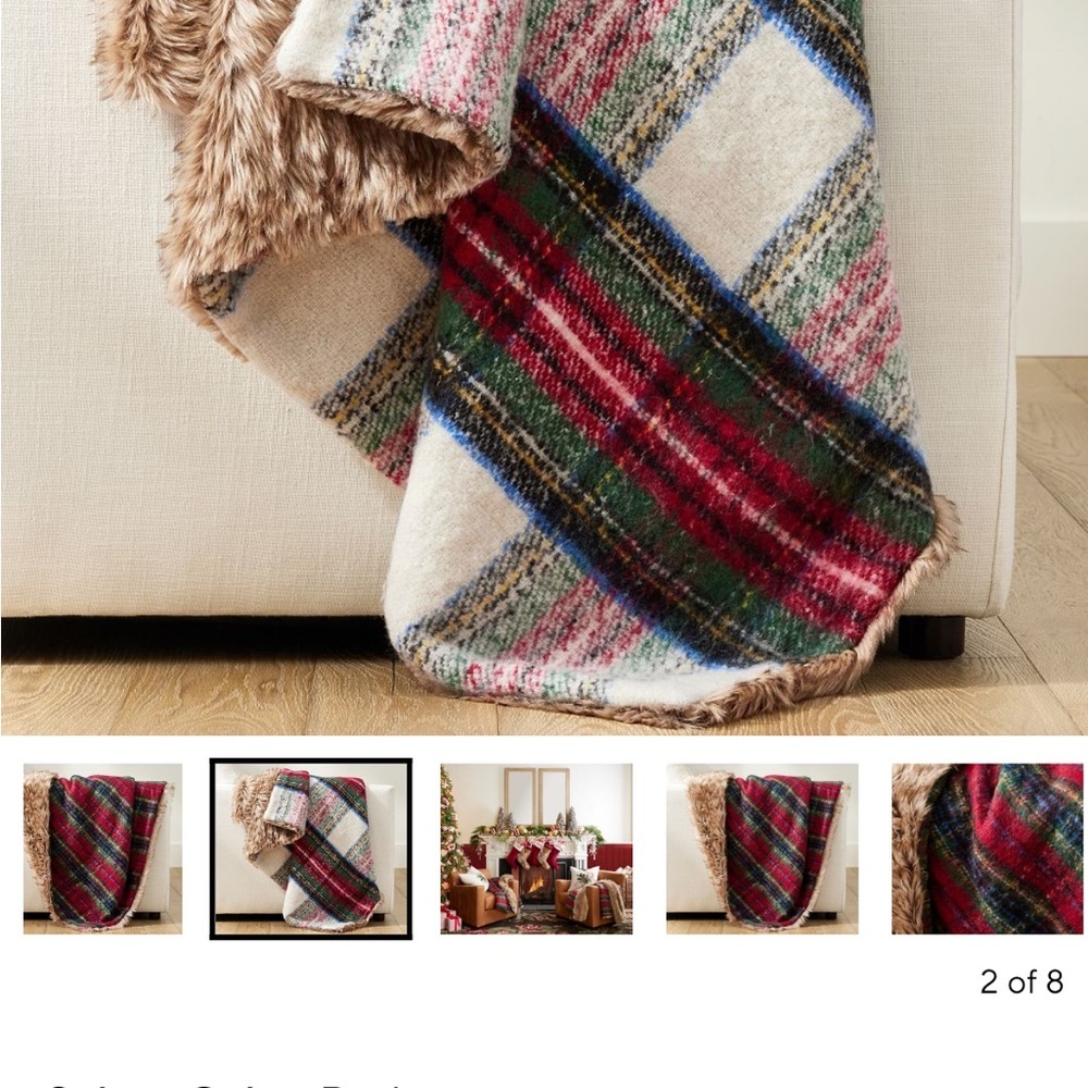 Pottery Barn Stewart Plaid Throw Ivory with Faux Fur In great condition SOLD OUT